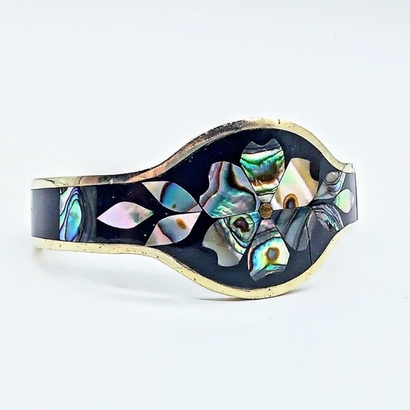 Sterling Silver Abalone Black Enamel Cuff Bracelet - Picture 3 of 5